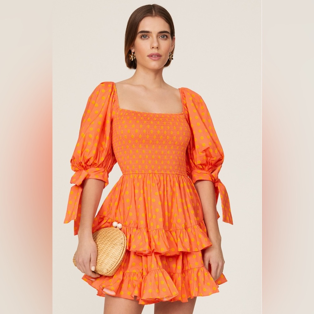 Caroline Constas Orange Polka Dot Square Neck Smocked Finley Mini Dress | XS